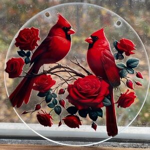 4” Acrylic Suncatcher Cardinal Bird Red Rose Ornament New Gift - As Is
